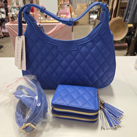 Mia K. Collection Handbags - Blue Quilted Hobo Shoulder Bag and Wallet Set